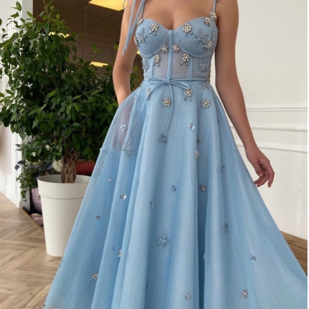 Teuta Matoshi Light Blue Embellished Midi Dress
